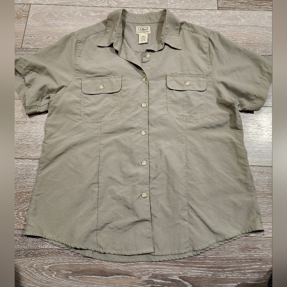 LL Bean Shirt Womens Large Olive Green Button Up Cotton Blend Classic Office